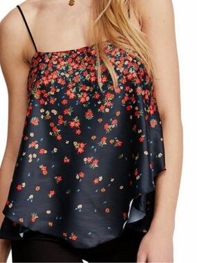 Free People Black Floral Satin Spaghetti-Strap Cami
